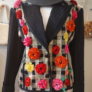 80s Eclectic Floral Embellished Black and White Checkered Blazer SZ Medium